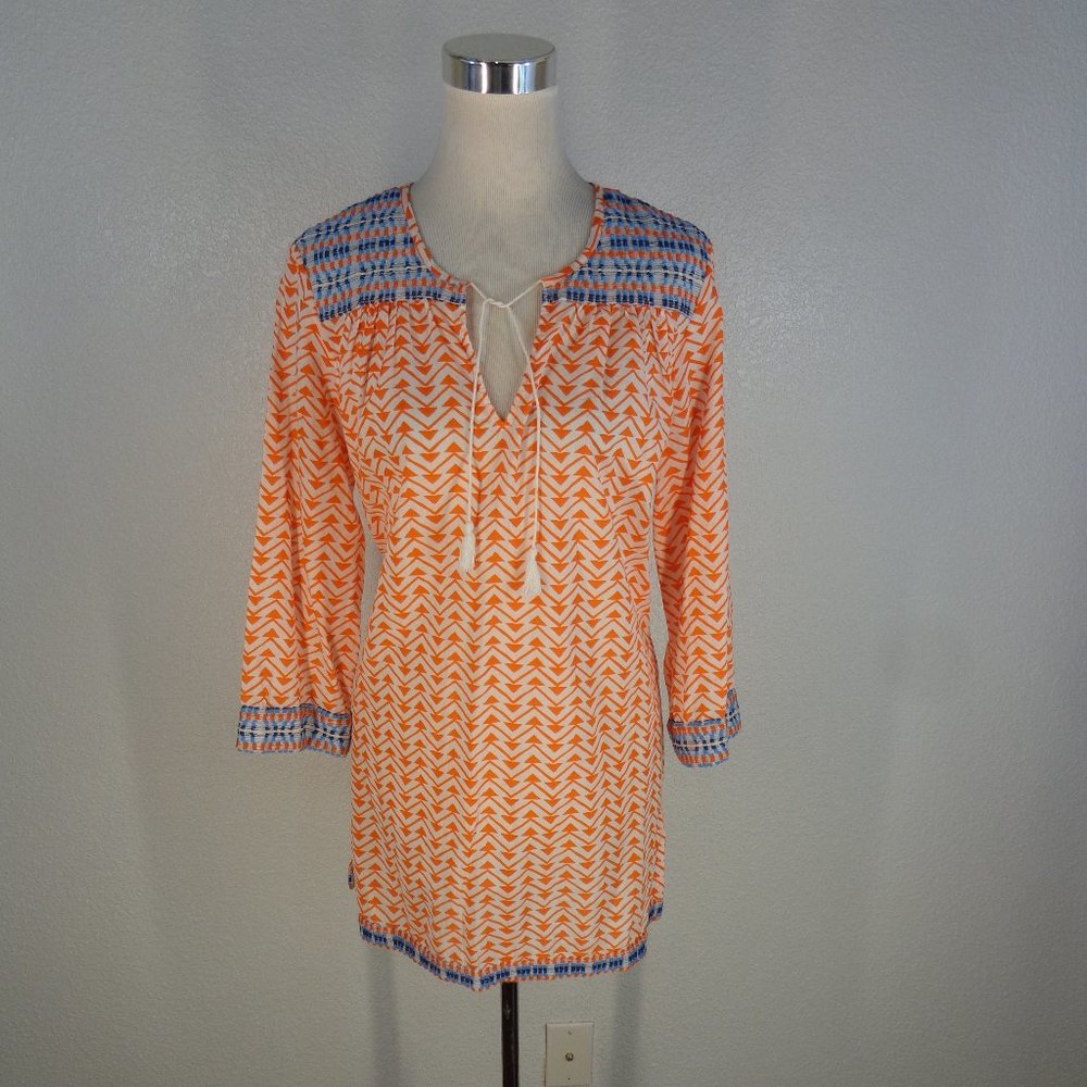 J McLaughlin White Orange Tassel Tie Embroidered 3/4 Sleeve Peasant Tunic Top L